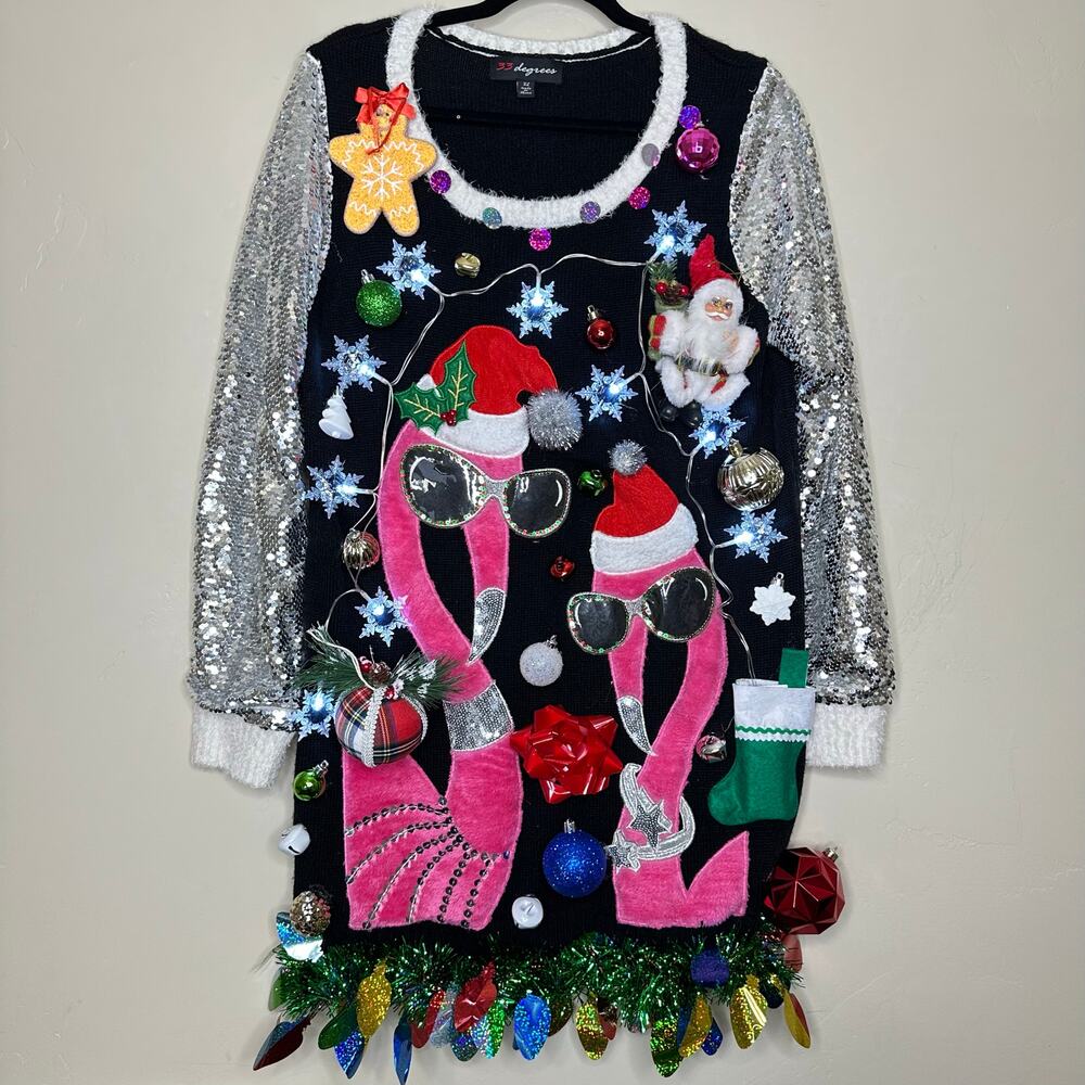 Ugly Christmas Sweater Flamingo LIGHTS UP Tacky Tinsel Xmas Party Winner Large